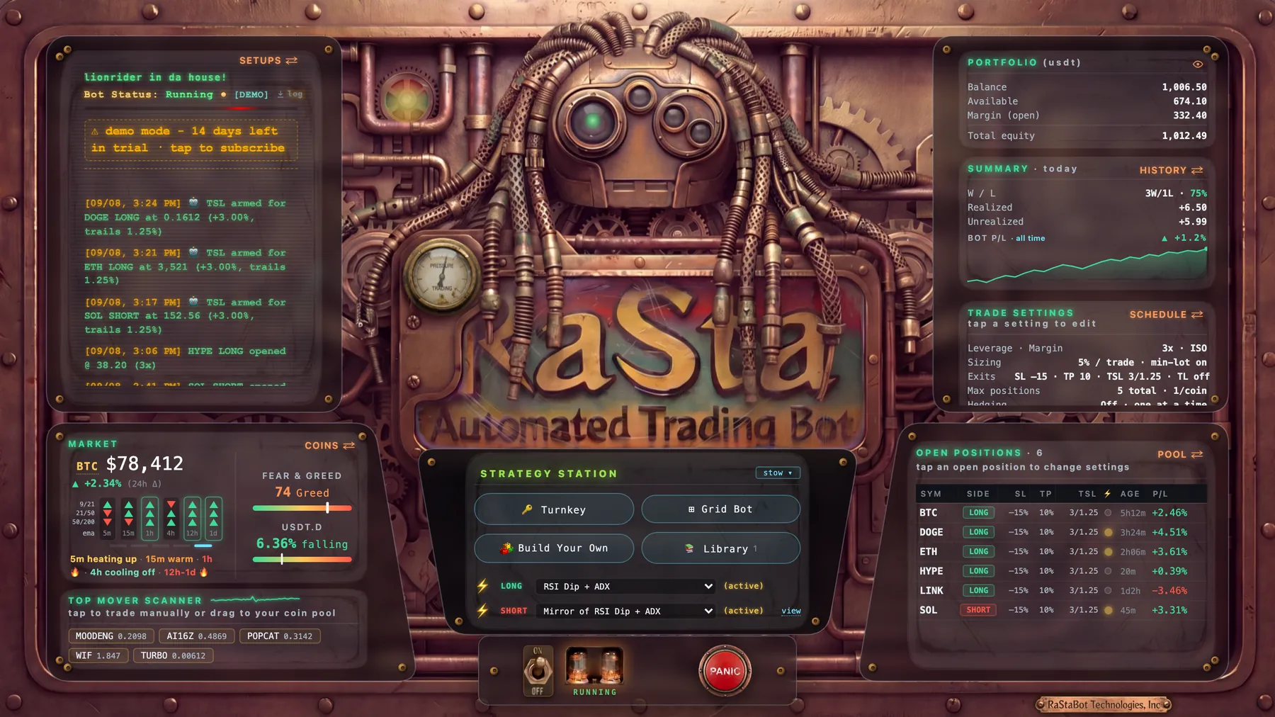 The RaStaBot dashboard running a sample demo account: live feed, market read, the Strategy Station, portfolio and open positions
