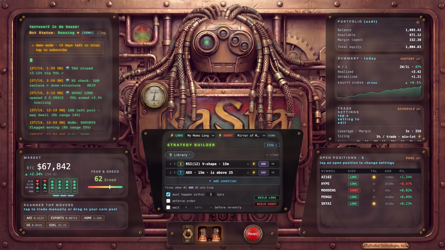 The RaStaBot dashboard running - live log, open positions, strategy builder with an armed strategy, coin pool and portfolio on one brass control panel