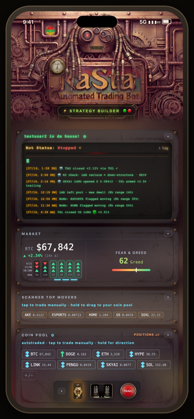 RaStaBot on a phone - strategy builder open, market and summary below