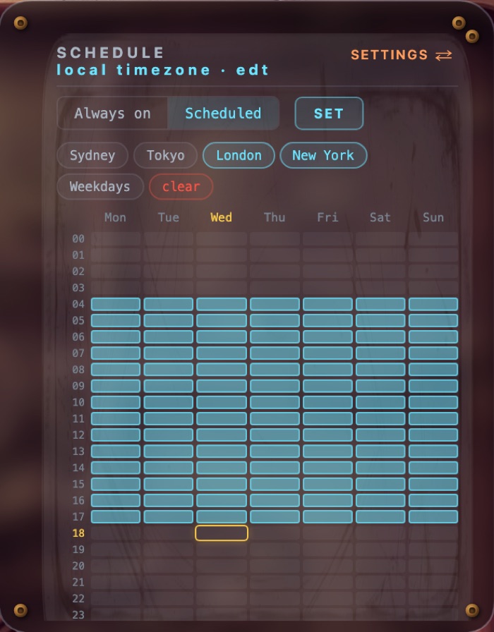 The schedule - a seven-day hour grid in local time with the London and New York session hours lit, and one-tap shortcuts for Sydney, Tokyo, London, New York and weekdays