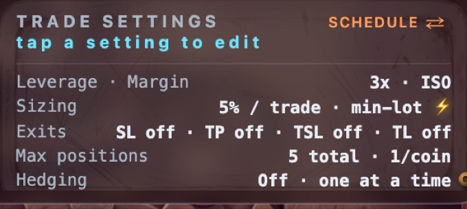 Trade settings - leverage, margin mode, sizing, exits and max positions